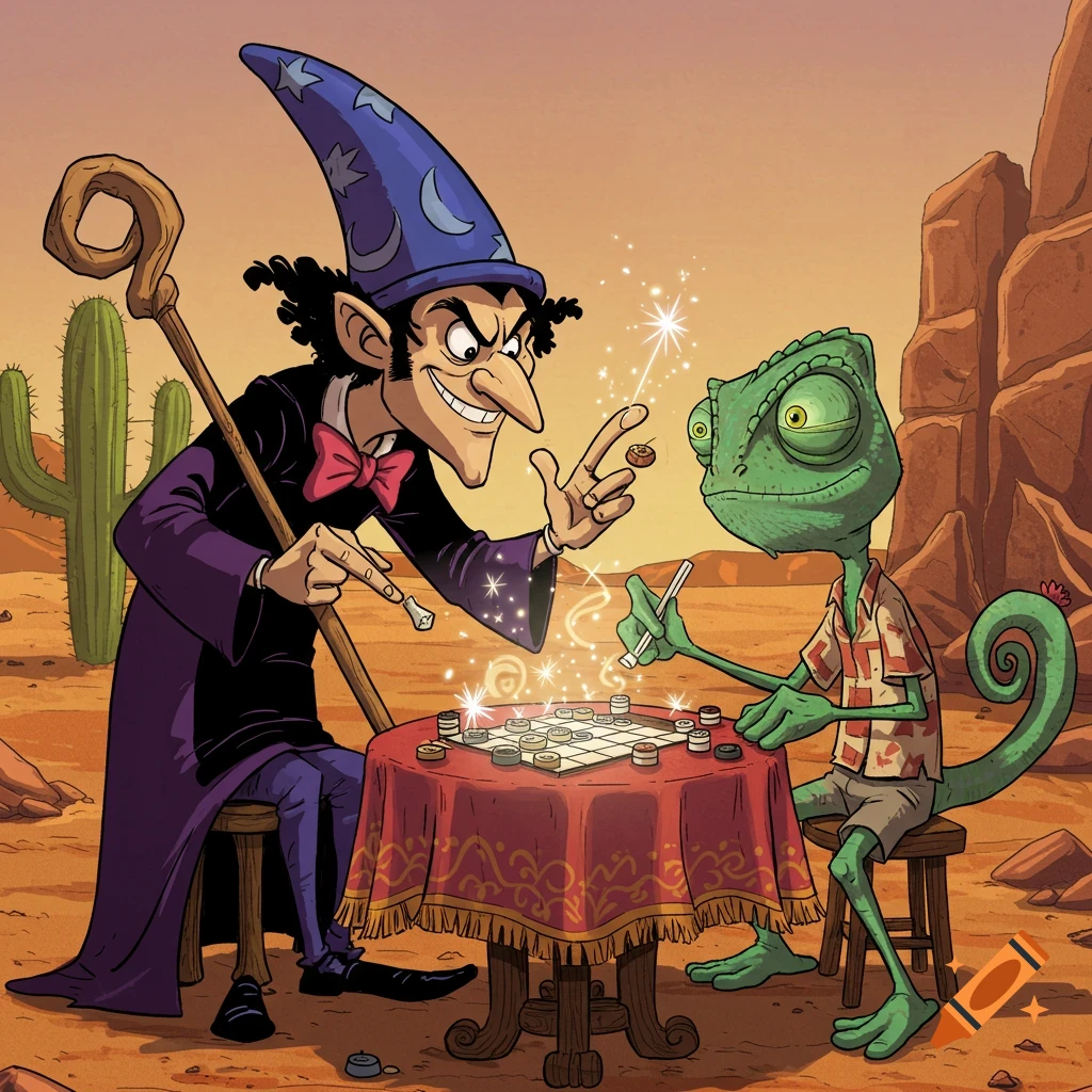 Cartoon wizard character plays a board game with a chameleon in a desert.