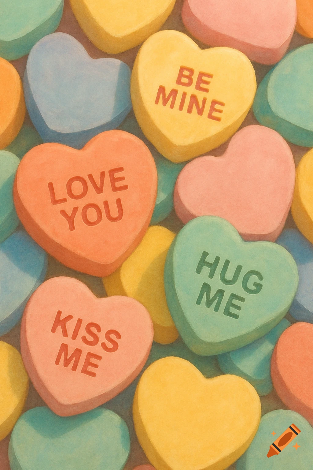 Close-up of pastel-colored candy hearts with messages like 'BE MINE', 'LOVE YOU', and 'KISS ME'.