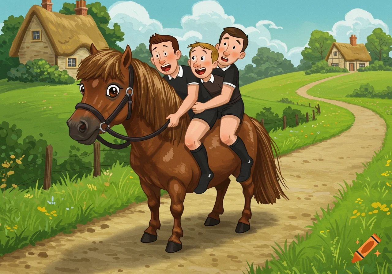 Cartoon of a miniature horse carrying three people on a rural dirt path