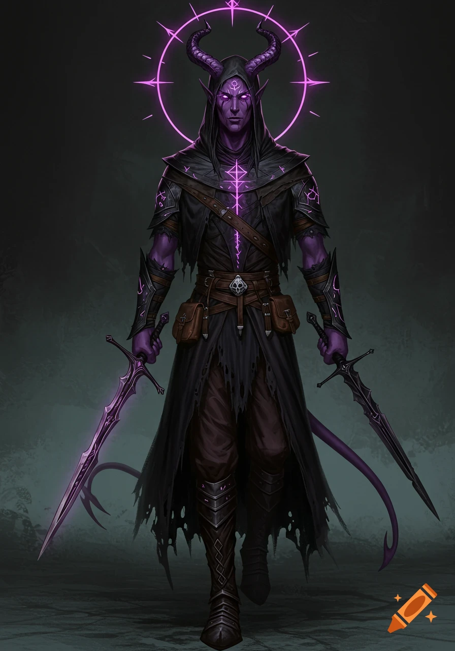 Purple-skinned Tiefling warrior in dark robes with horns, tail, glowing runes, and dual swords, standing beneath a violet halo.