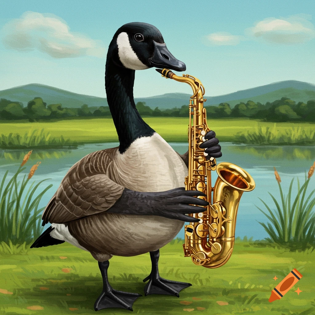 Canadian goose playing a saxophone in a landscape