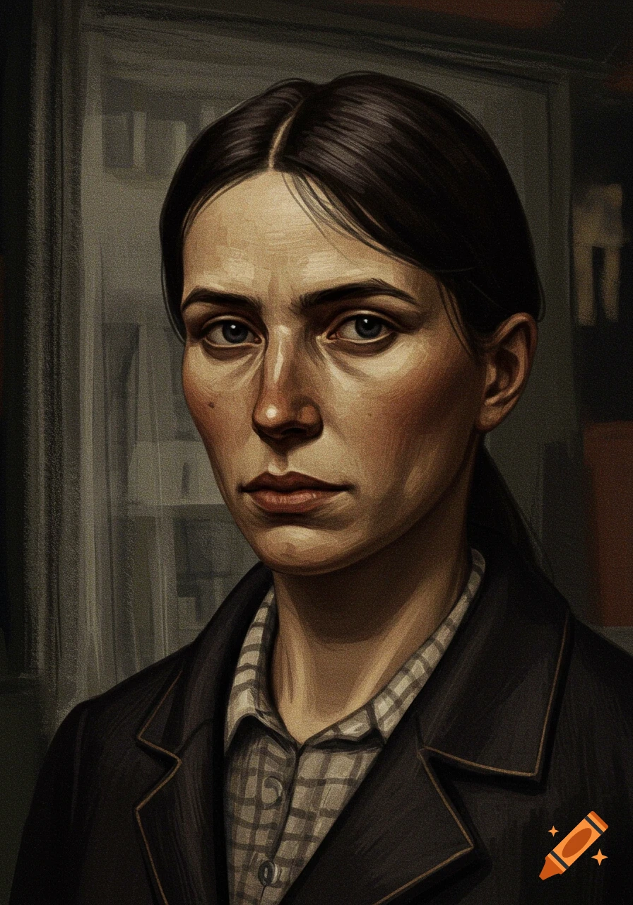 Painting of a somber woman with dark hair in a plaid shirt and jacket.
