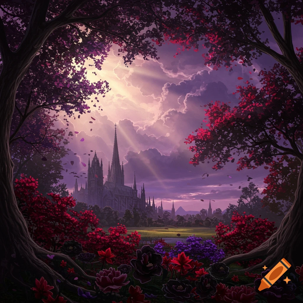 A gothic cathedral in a forest frame with vibrant purple and red trees, flowers, and dramatic sky.