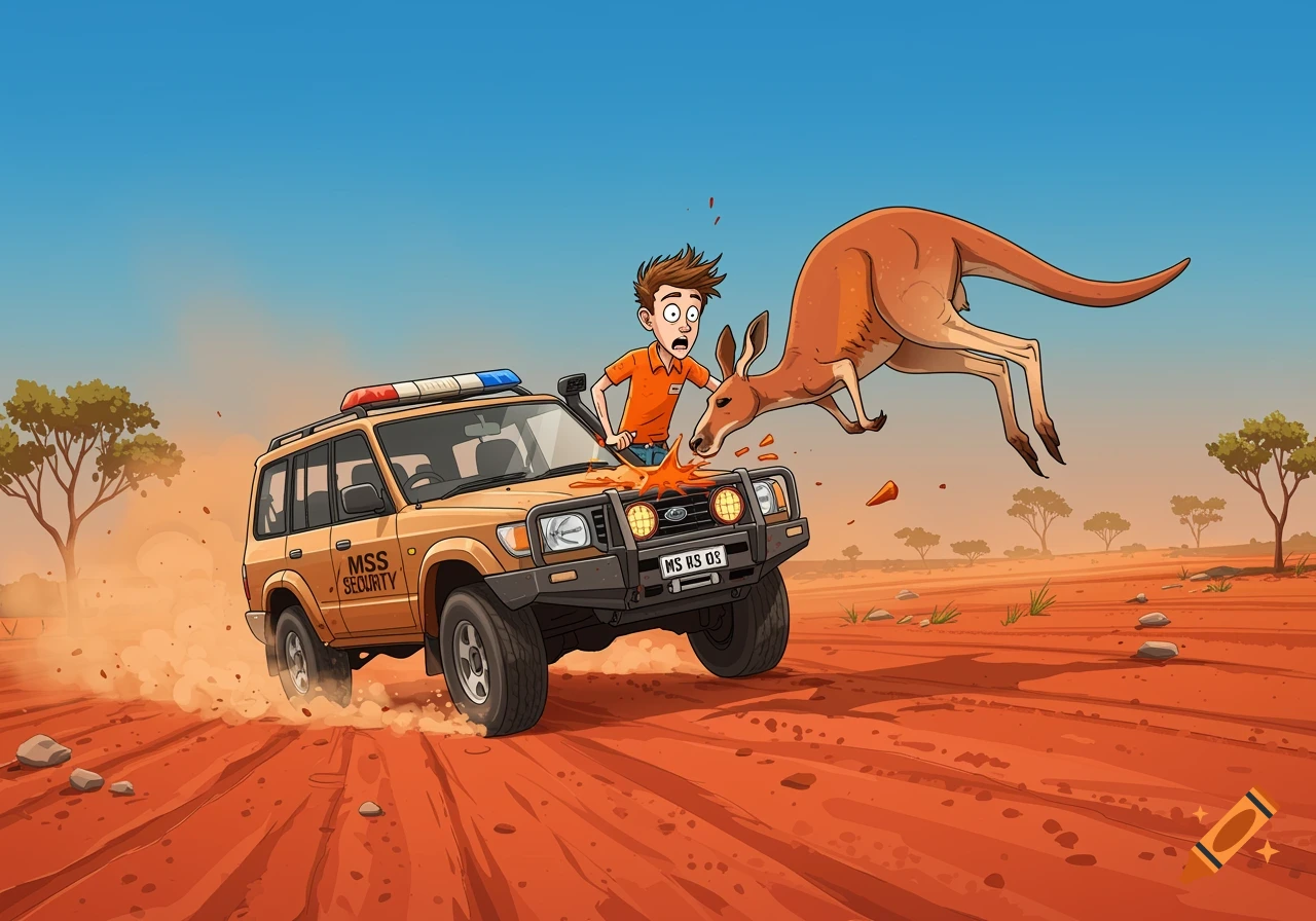 Illustration of a security SUV hitting a kangaroo with a surprised driver in the Australian outback.