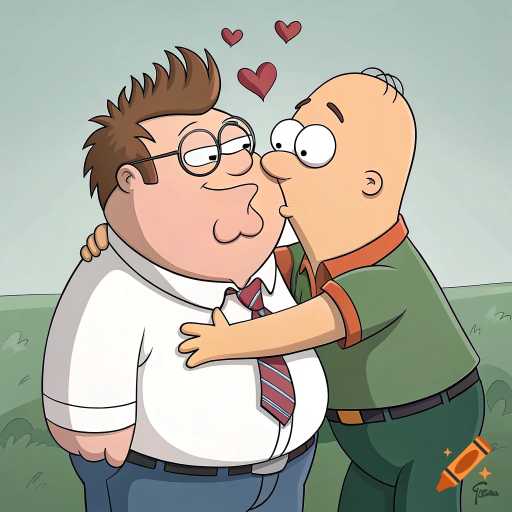 Cartoon of Peter Griffin being kissed by Joe Swanson with hearts floating above them