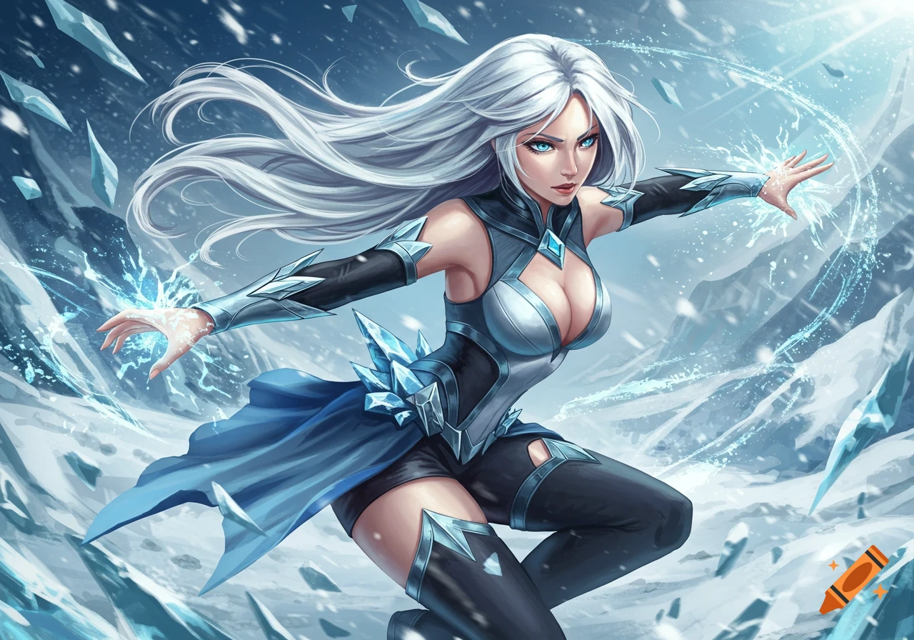A white-haired fantasy character casting an ice spell in a snowy landscape.