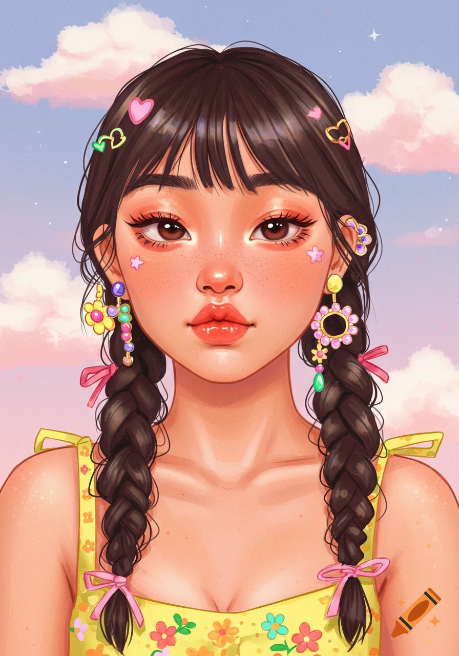 A portrait of a cute woman with braided hair, colorful earrings, and heart clips against a cloudy sky.