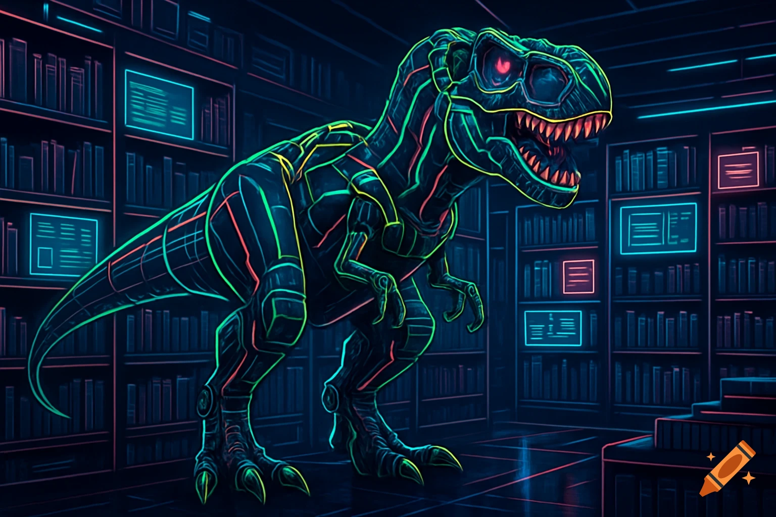 A neon robotic T-Rex stands in a dark futuristic library with glowing screens on the shelves.