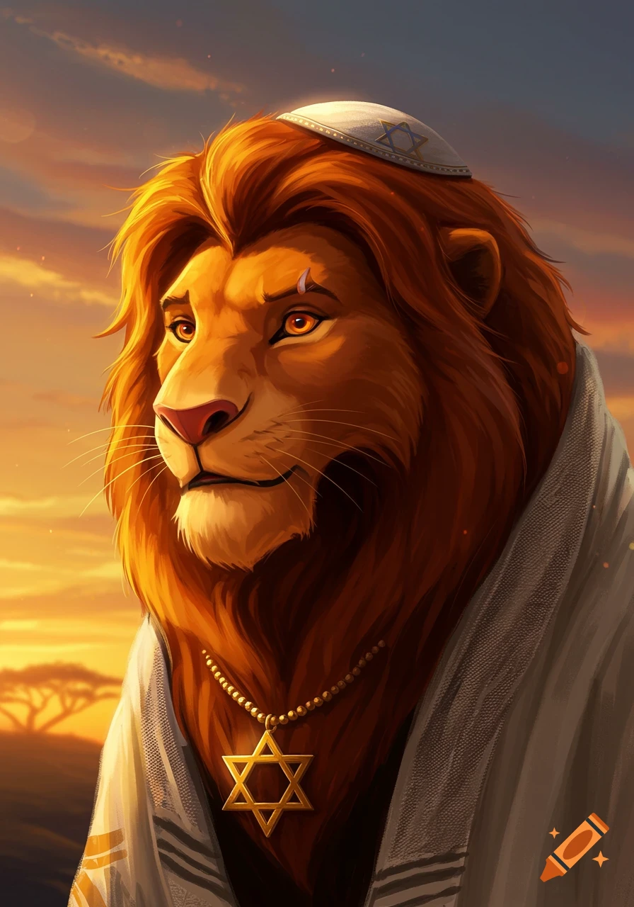 A regal lion wearing a kippah and Star of David necklace, bathed in warm sunrise light in a savanna.