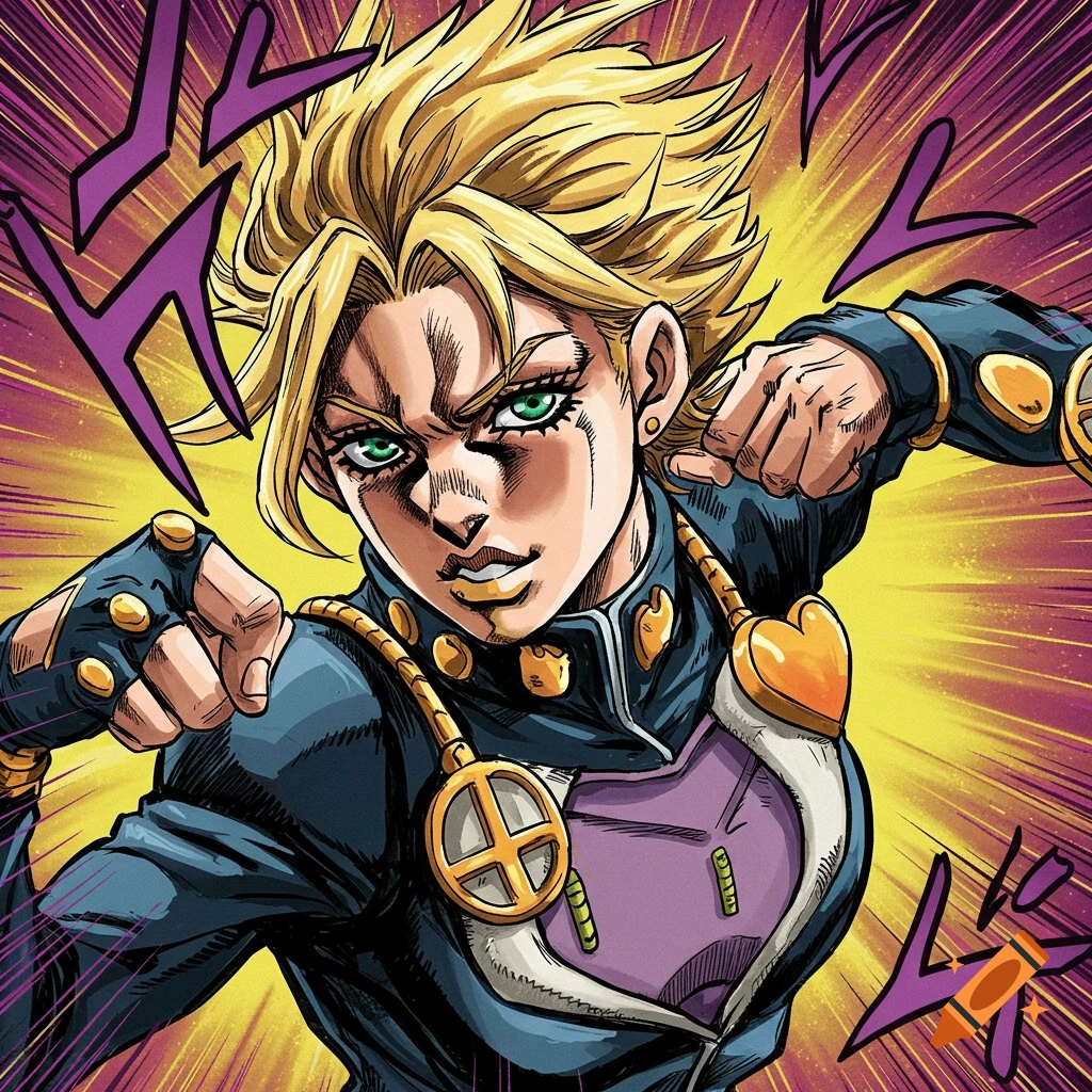 Anime character in Jojo's Bizarre Adventure style, blonde hair, green eyes, striking a pose.