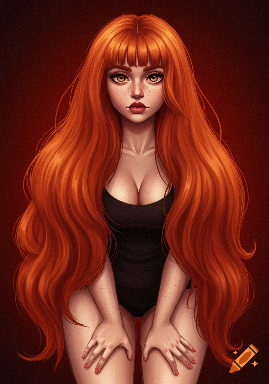 Redhead woman with very long wavy hair and freckles.