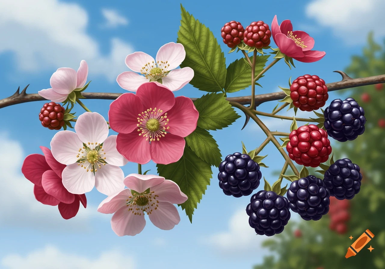 Pink and white flowers and red and black blackberries on a branch.