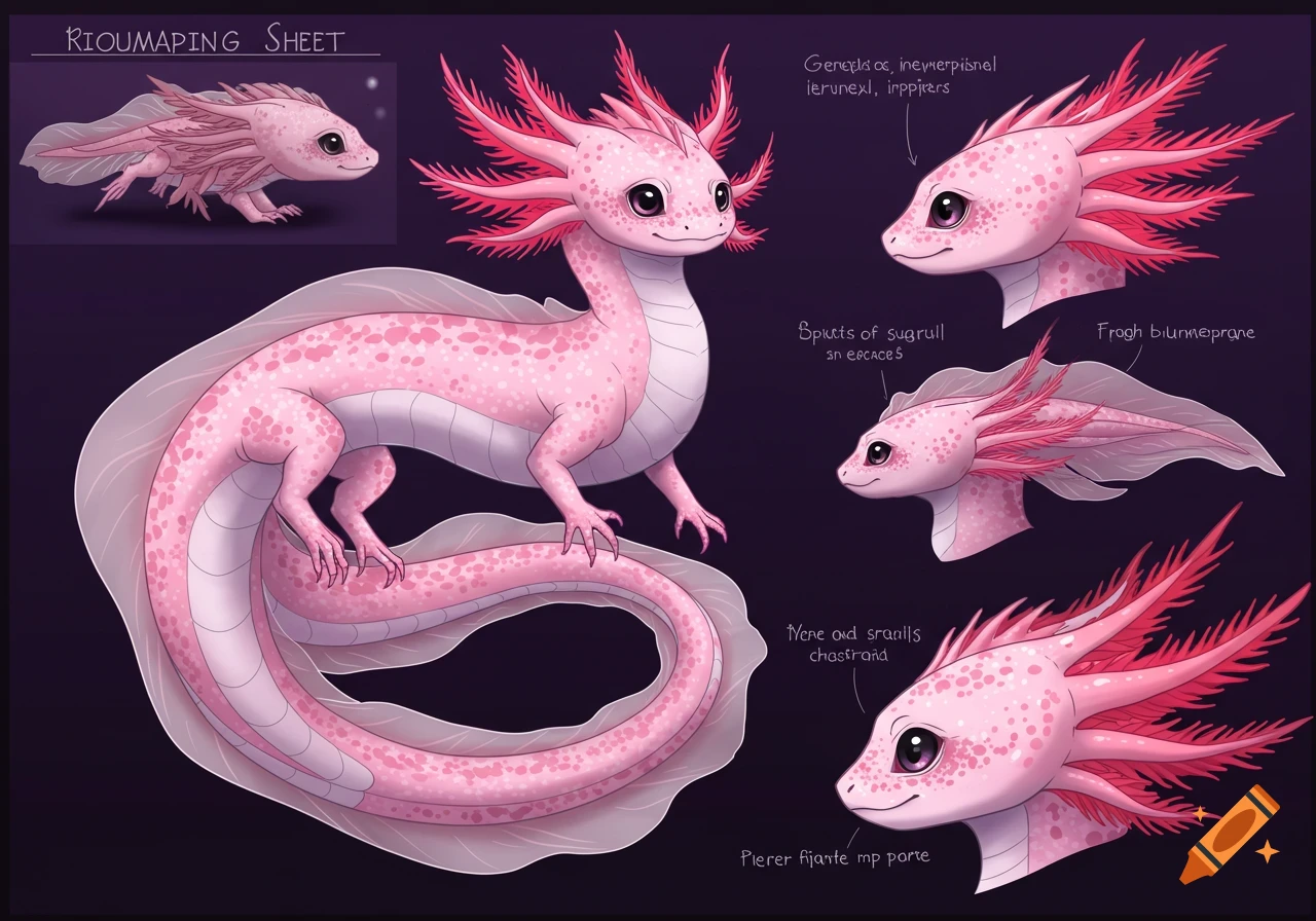 A pink axolotl-like dragon reference sheet