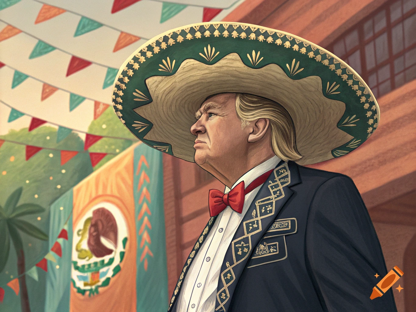 Illustration of Donald Trump wearing a sombrero and mariachi-style suit in front of a Mexican flag.