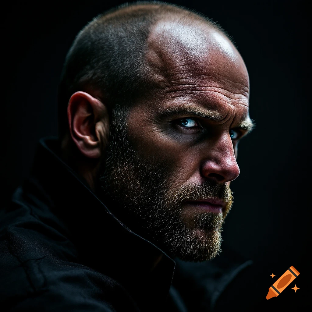 Close-up photorealistic portrait of a stern-looking man with a bald head and beard in dark, dramatic lighting.