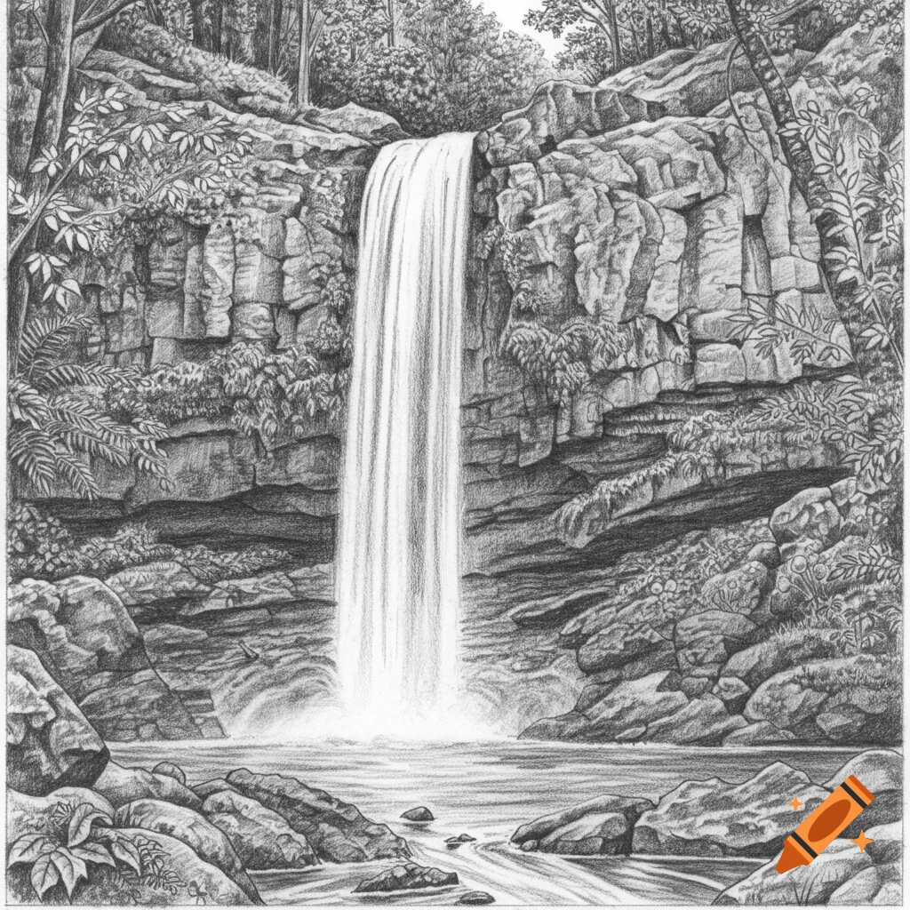 Pencil drawing of a tall waterfall cascading down rocky cliffs in a forest.