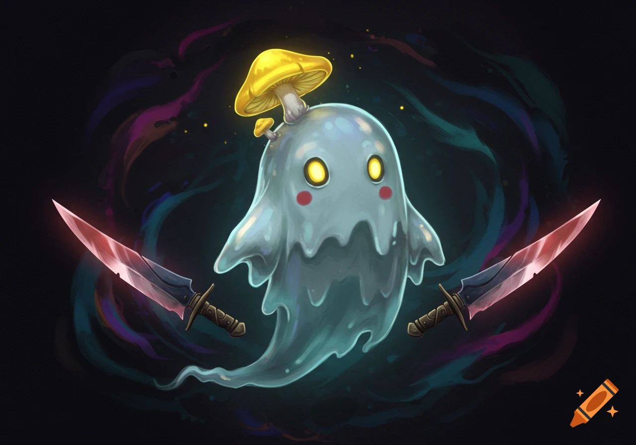 A cute ghost with a mushroom on its head, holding two glowing swords.