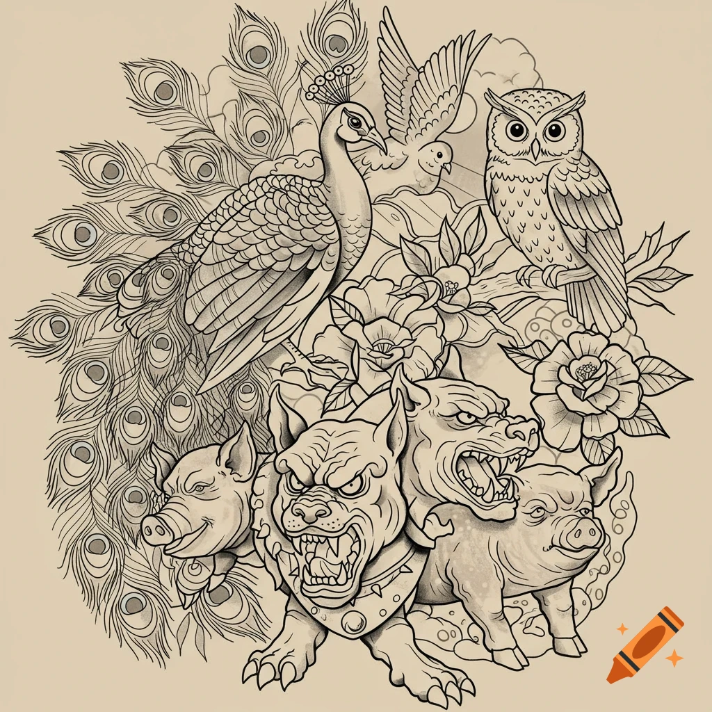 Line art tattoo design of a peacock, owl, dove, pigs, and a three-headed dog (Cerberus).