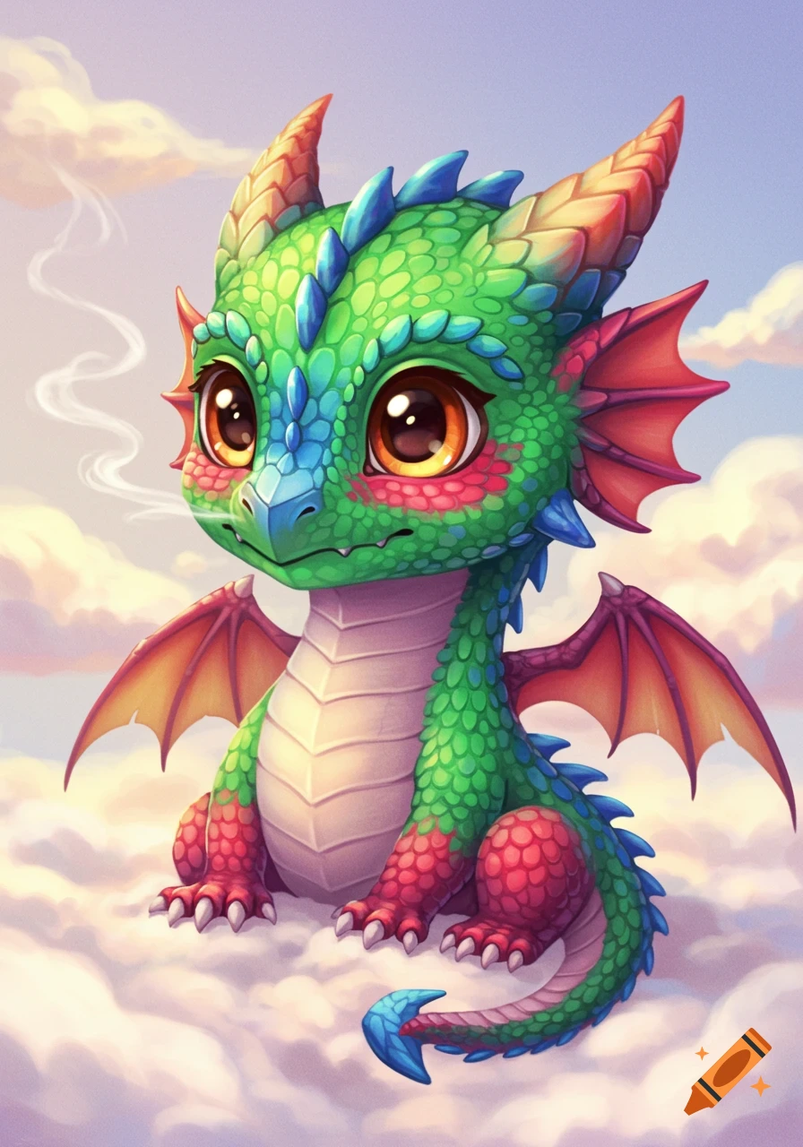 Cute baby dragon with green, blue, and red scales sits on clouds.