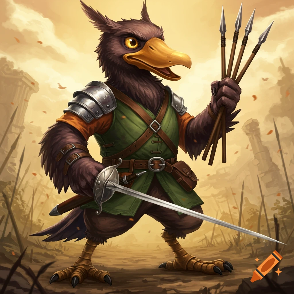 A bird-like fantasy fighter in armor holding a sword and javelins.