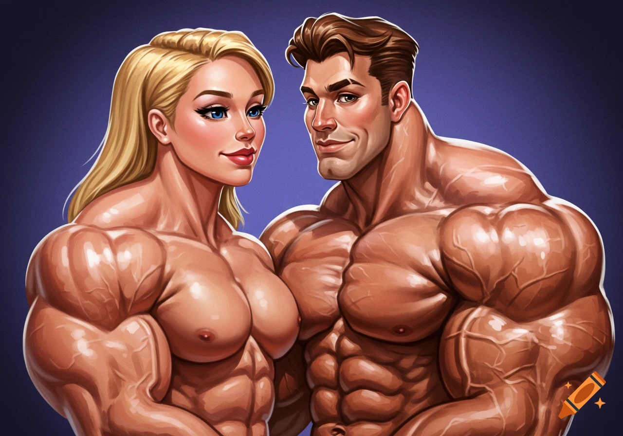 An extremely muscular bodybuilder couple in a romantic pose.