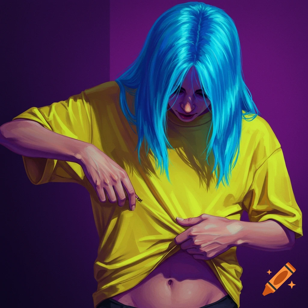 A person with blue hair pulling up a yellow t-shirt