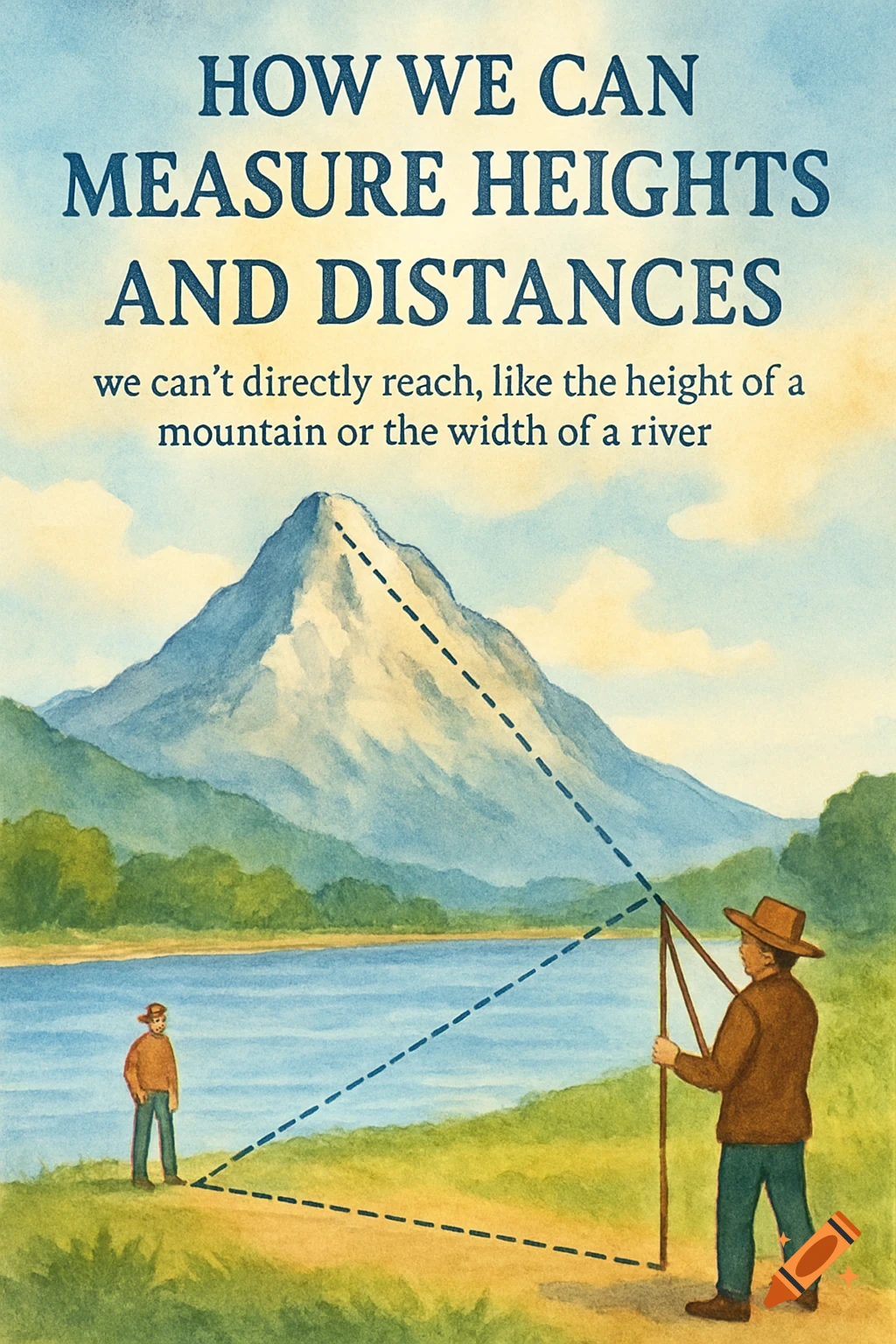 Watercolor illustration of two men measuring a mountain and river with dashed lines, with title text.