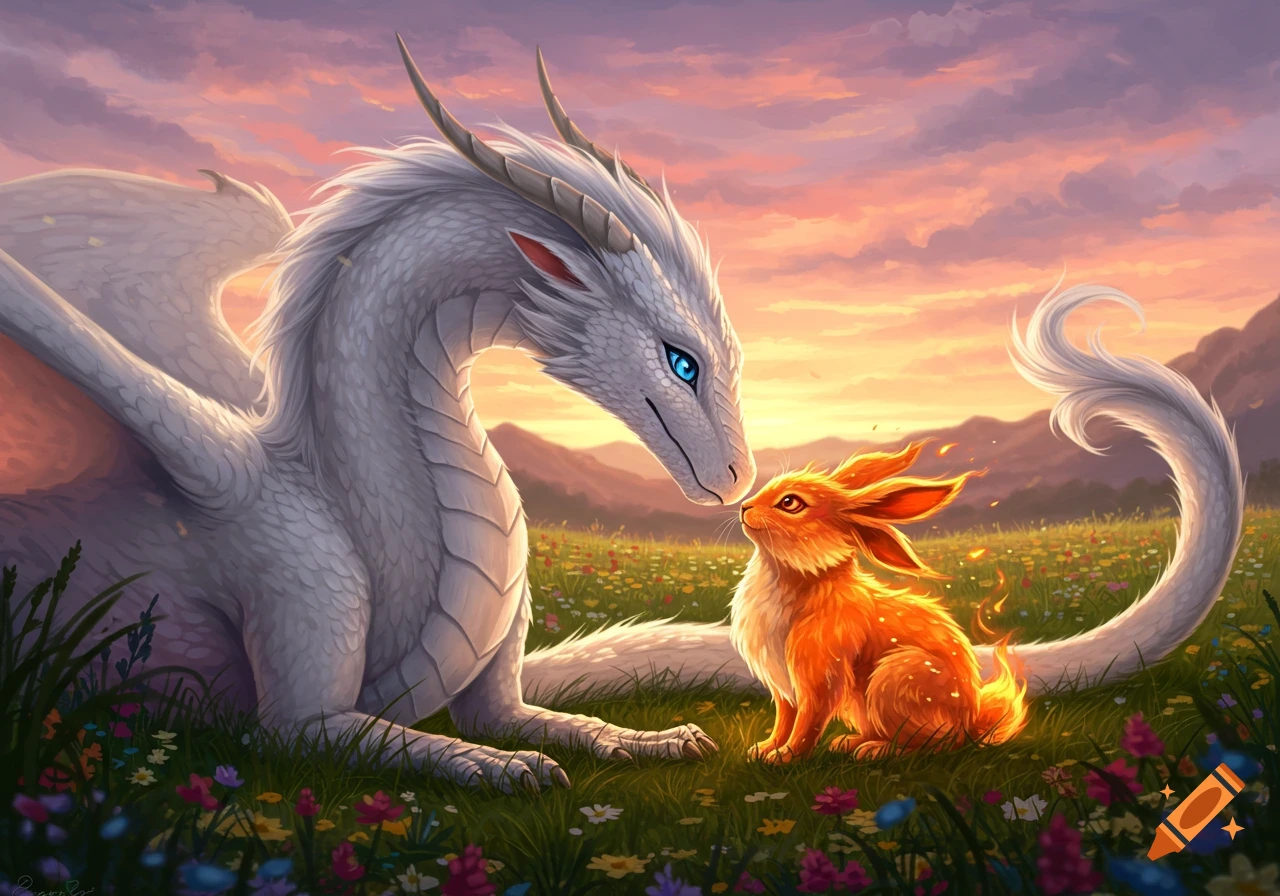 A white dragon with blue eyes and an orange fire rabbit touch noses in a field at sunset.
