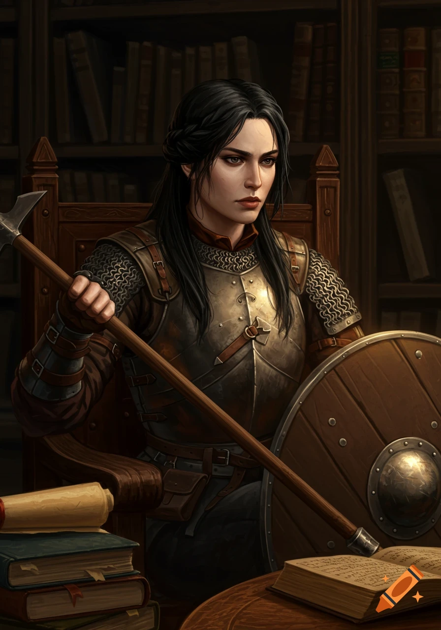A warrior woman with black hair sits in a library wearing armor and holding a halberd and shield.