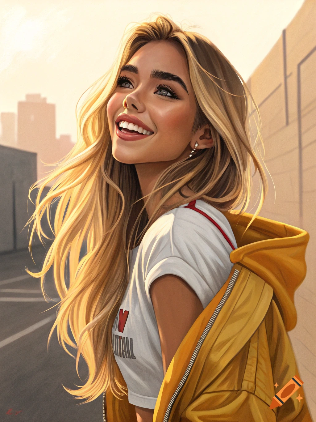 Digital art portrait of a young woman in a yellow jacket and white t-shirt smiling and looking up.