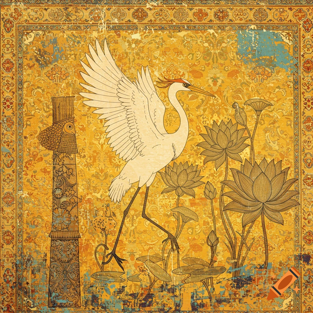 Stylized digital art of a white crane among lotus flowers against a distressed Persian carpet pattern background.
