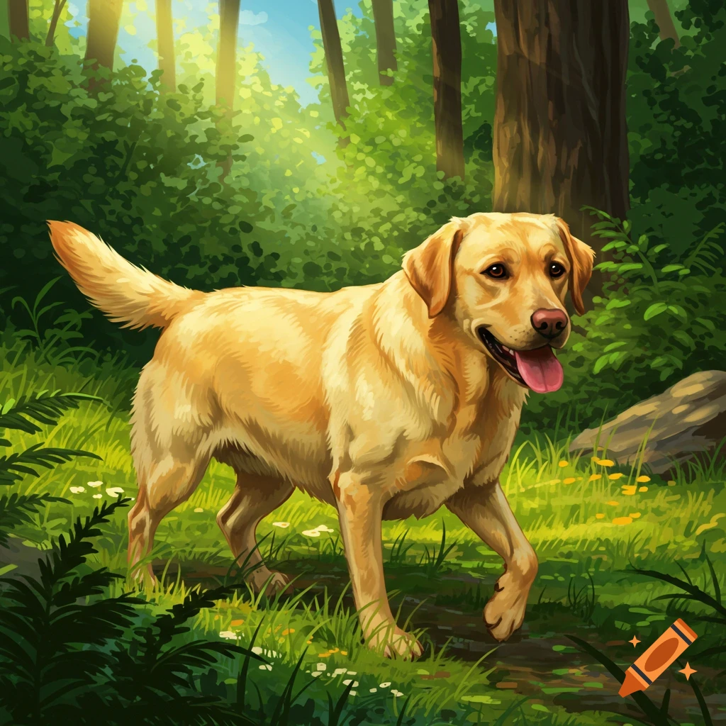 A yellow Labrador walks through a sunny forest.