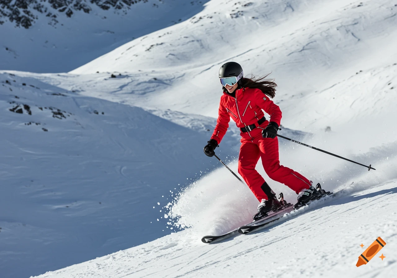 Woman skiing in red ski suit on a snowy mountain slope