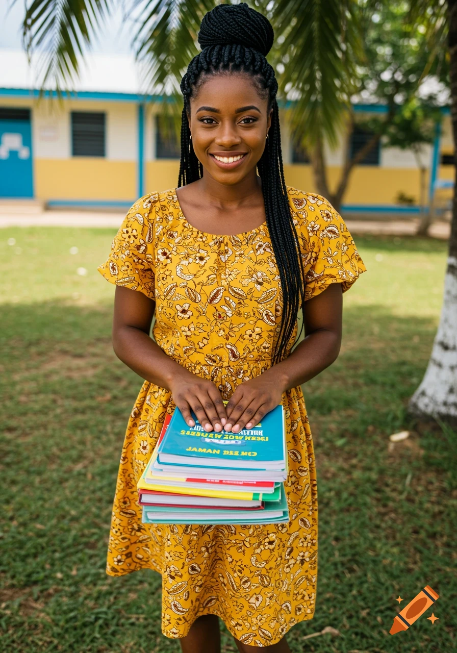 A Jamaican woman in a yellow dress holds a stack of textbooks outdoors in front of a school.