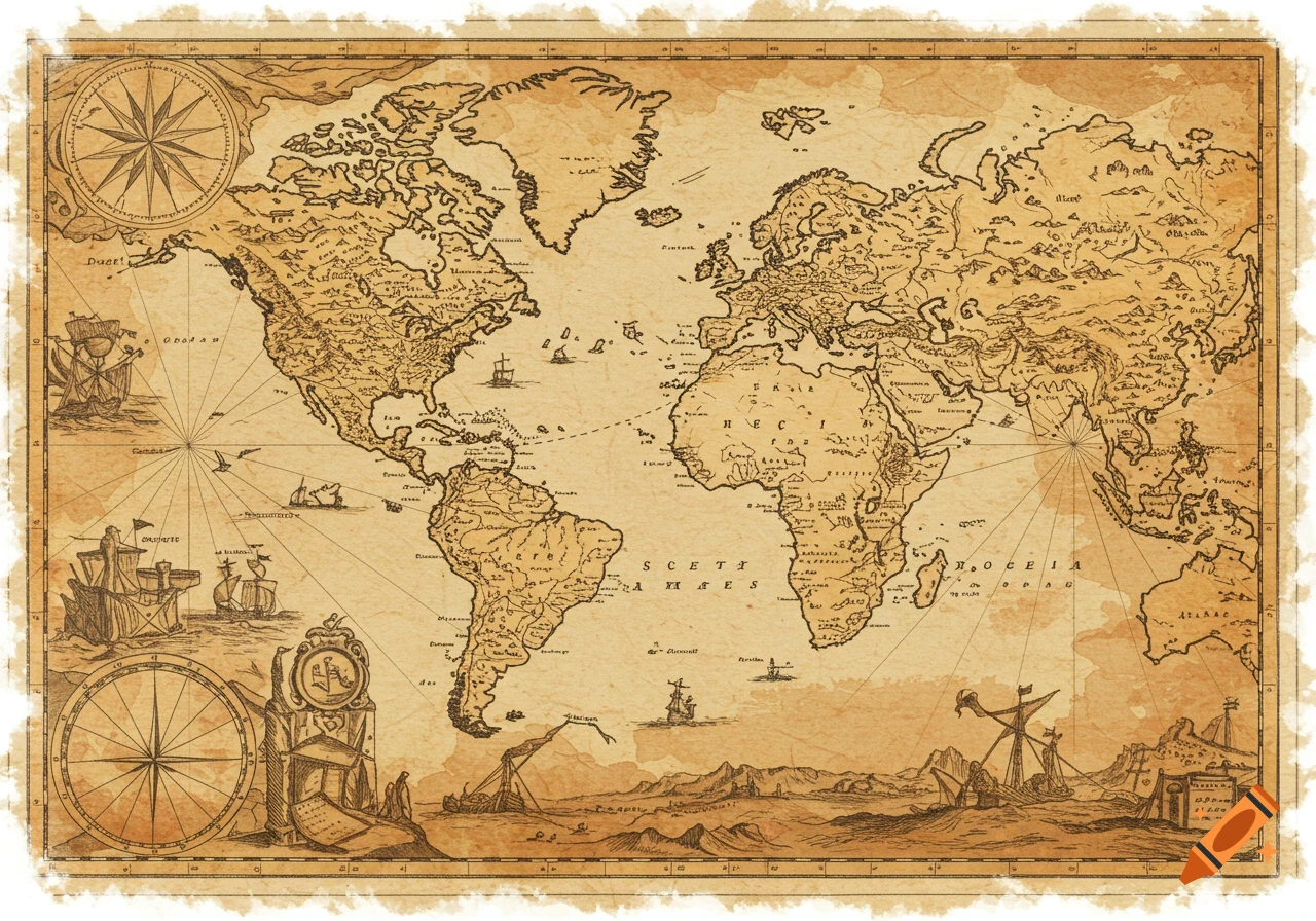 An old style world map on parchment with illustrations of ships, compass roses, and decorative borders.