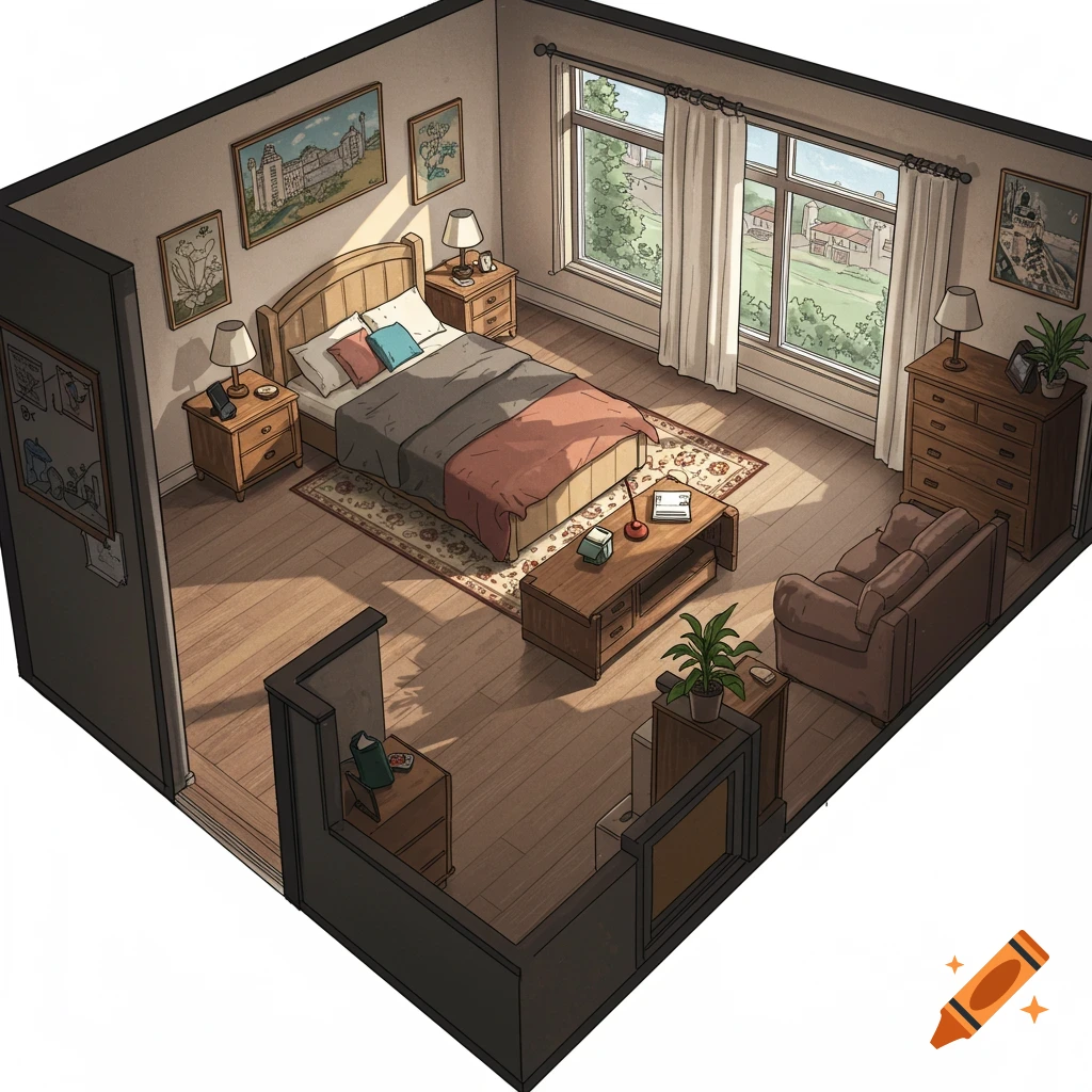 An isometric illustration of a cozy bedroom.