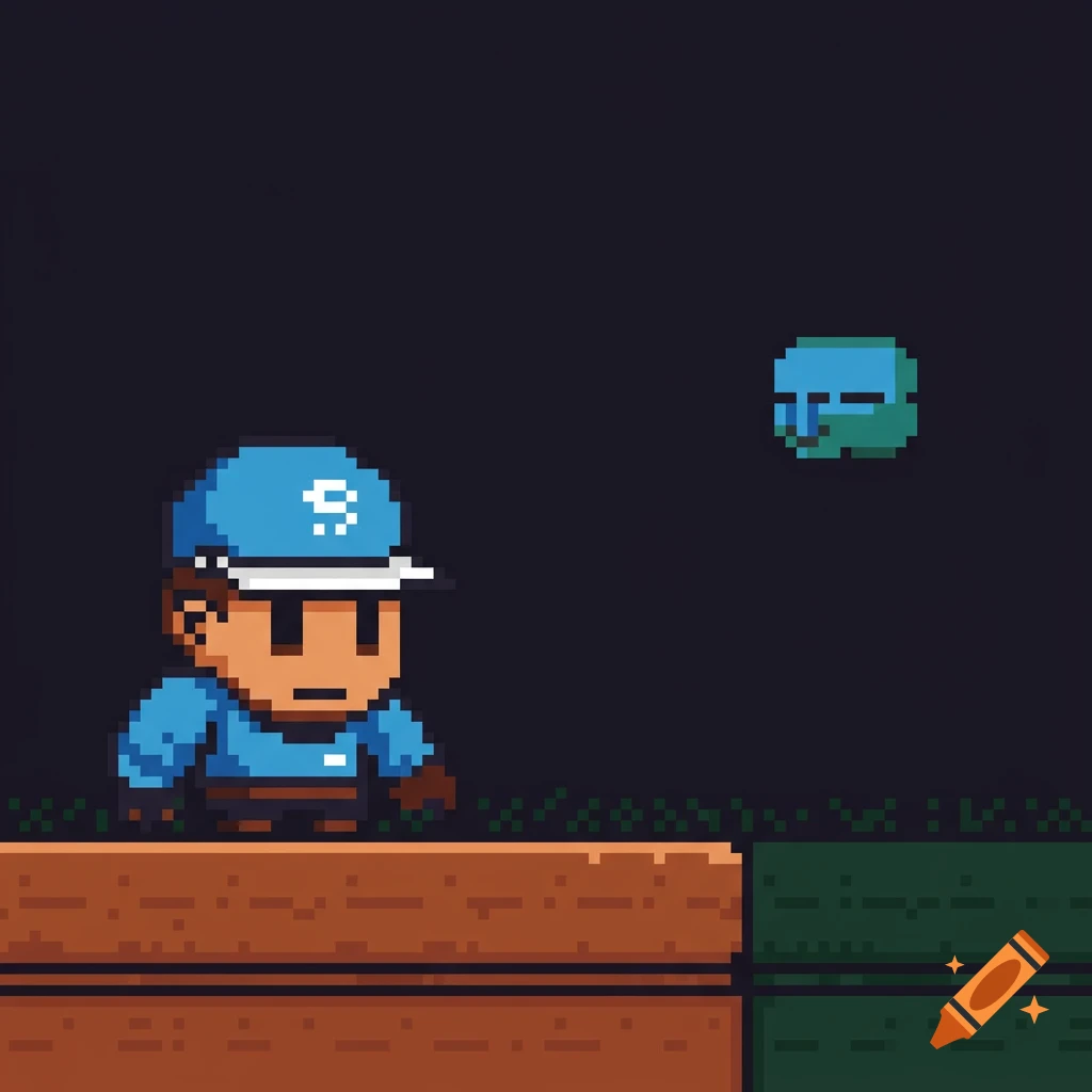 Pixel art character in blue cap on platform facing floating object.