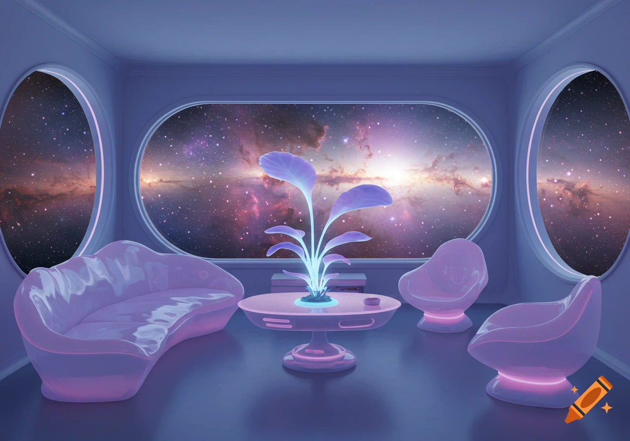 Futuristic living room with glowing furniture and plant looking out at the galaxy.