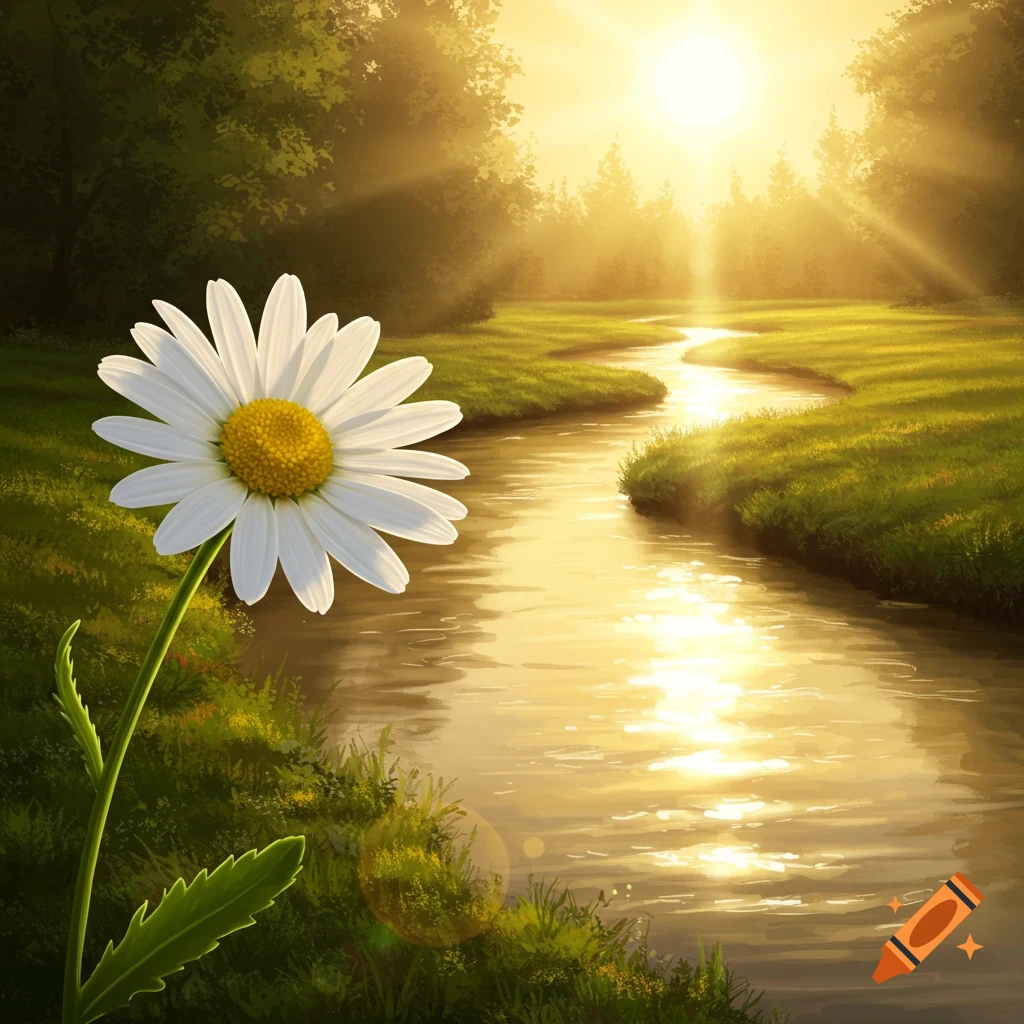 A daisy sits by a winding river at sunset