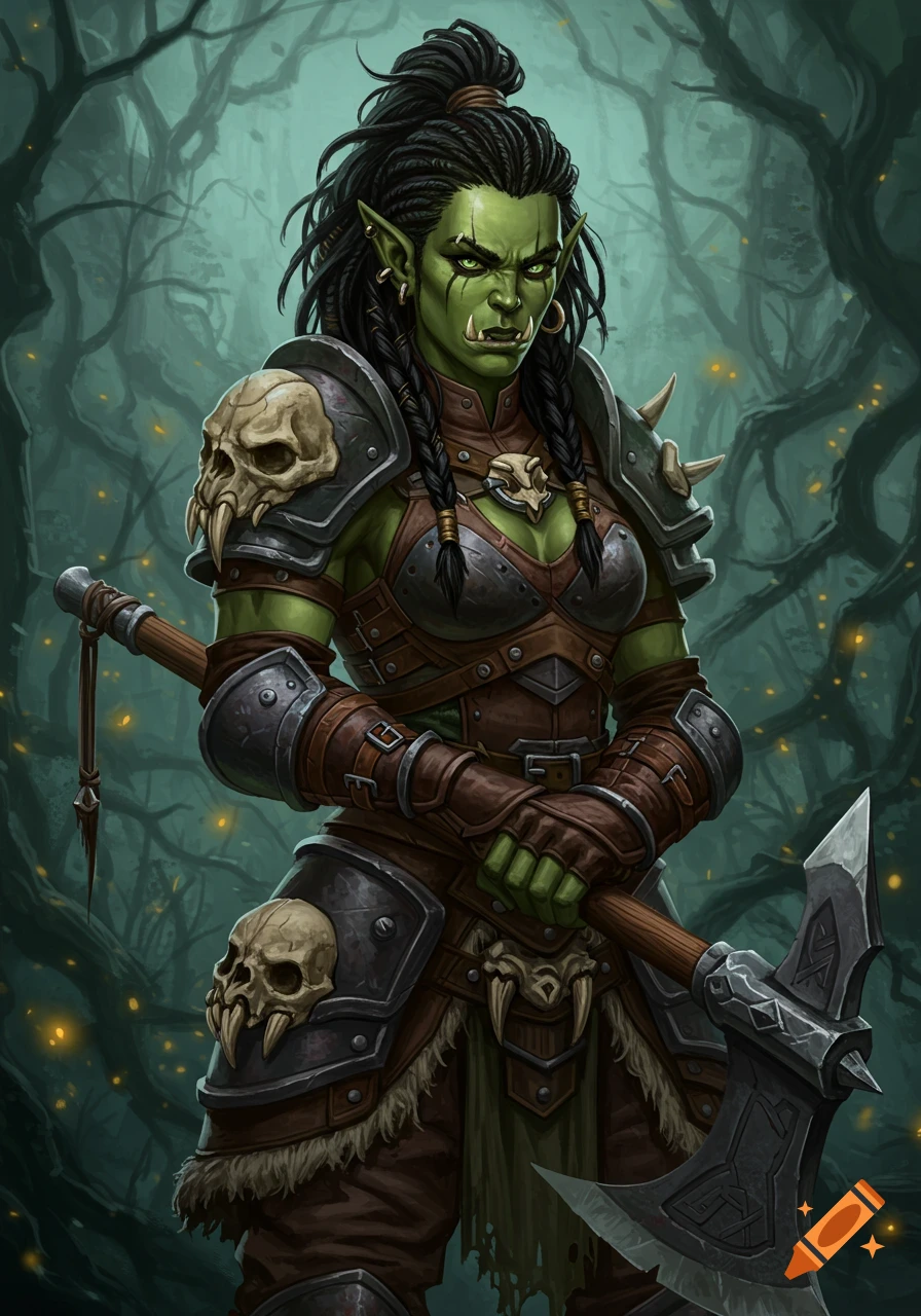 A female orc warrior in armor holding an axe in a dark forest.