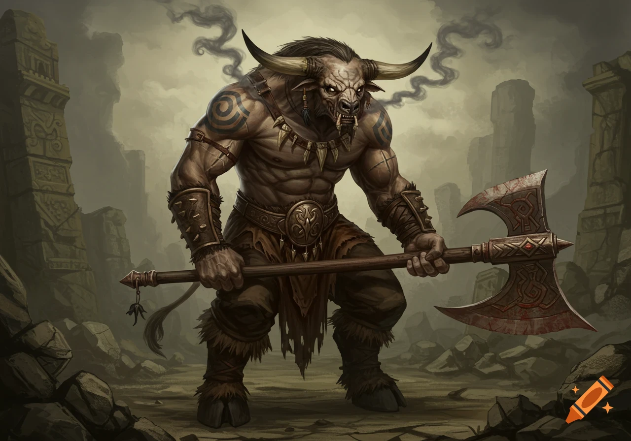 A hulking Minotaur barbarian holding a large axe amidst ruins.