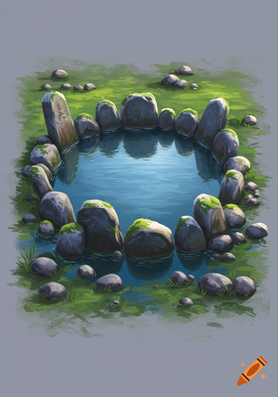 A circular pond surrounded by mossy rocks and grass.