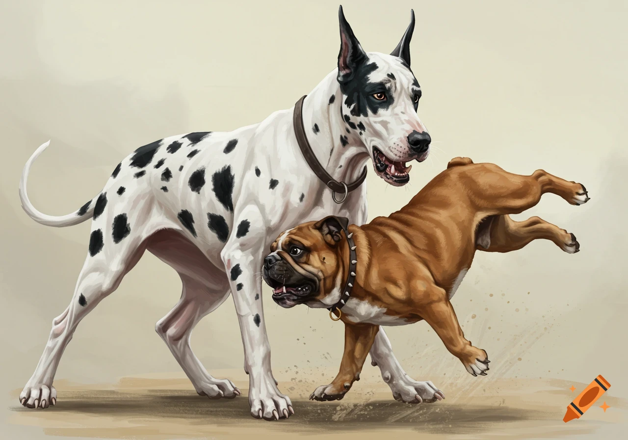 A Great Dane standing next to a jumping Bulldog.