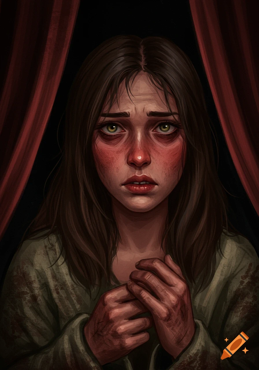 Portrait of a distressed woman with red cheeks and dirty hands against red curtains.