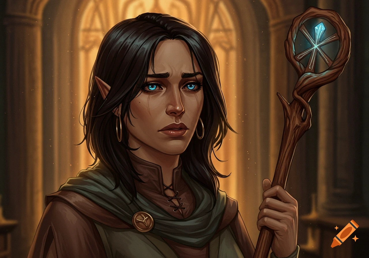 A female fantasy character with dark hair, blue eyes, elven ears, holding a staff