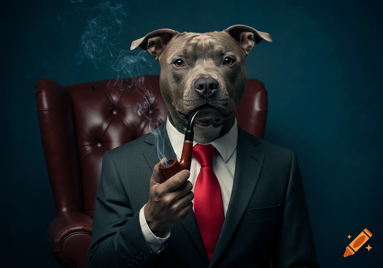 A photorealistic image of a pitbull wearing a suit and tie, sitting in a leather chair and smoking a pipe.