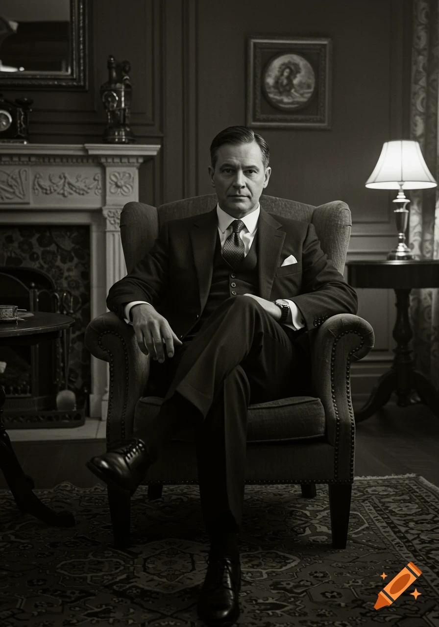 Black and white portrait of a man in a suit sitting in an armchair.