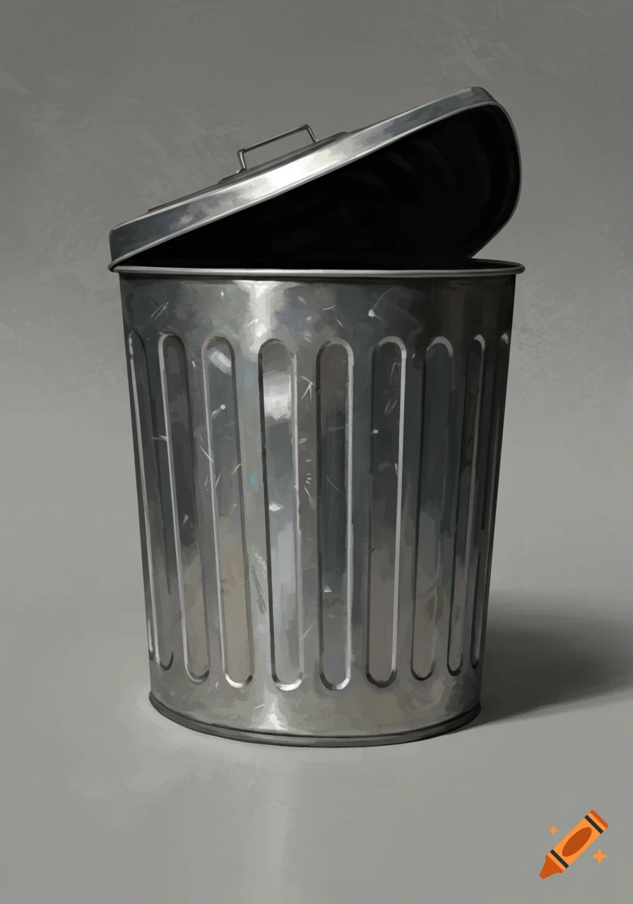 A shiny metal trash can with its lid tilted open.
