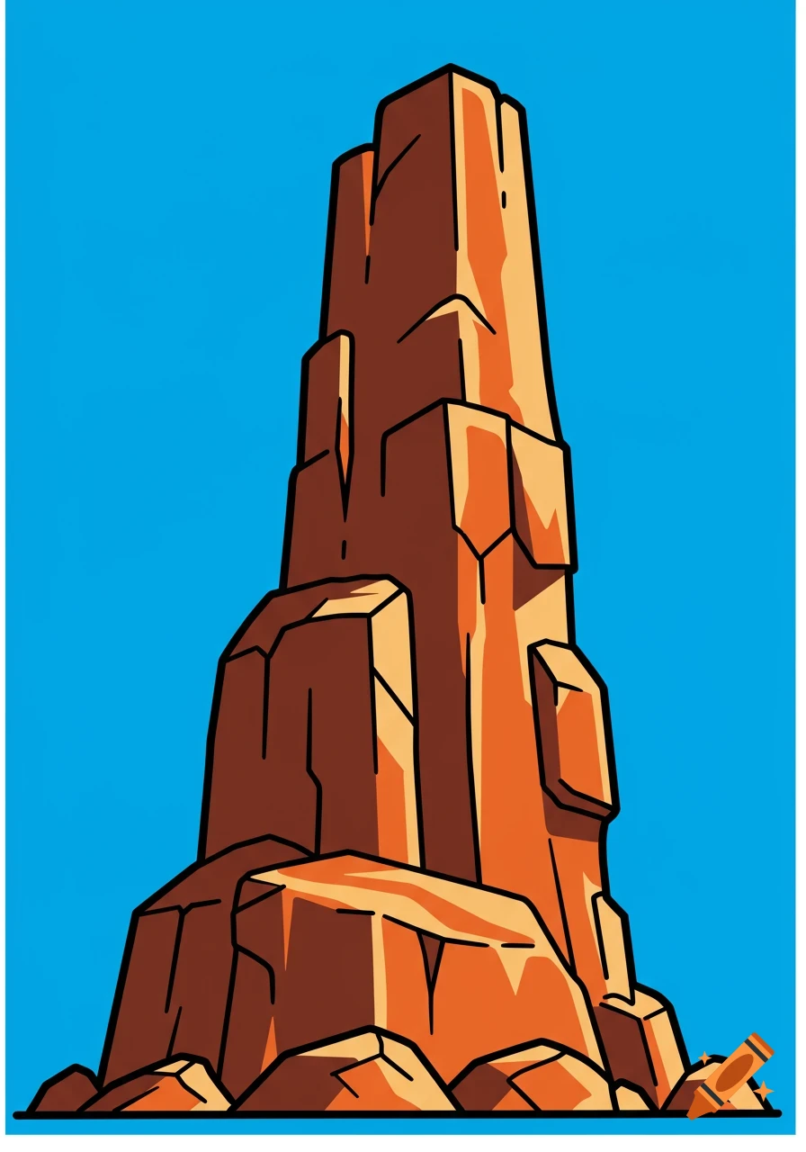 Clip art illustration of a tall orange rock formation against a blue sky.