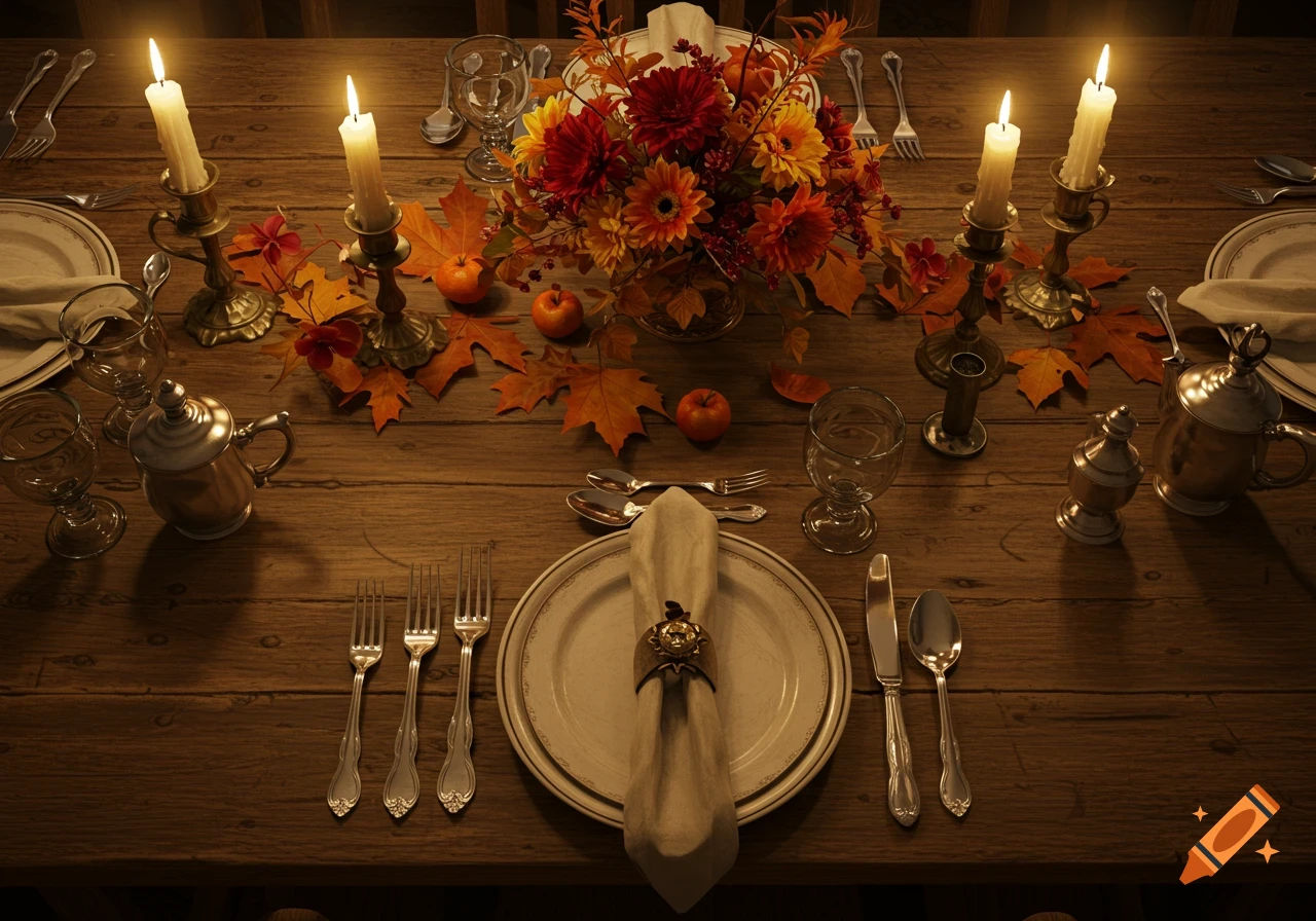 Old wooden table set for dinner with lit candles, silverware, plates, floral centerpiece, and fall leaves.